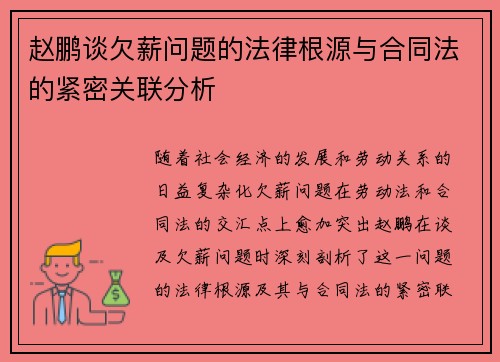 赵鹏谈欠薪问题的法律根源与合同法的紧密关联分析