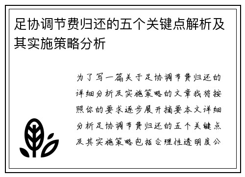 足协调节费归还的五个关键点解析及其实施策略分析